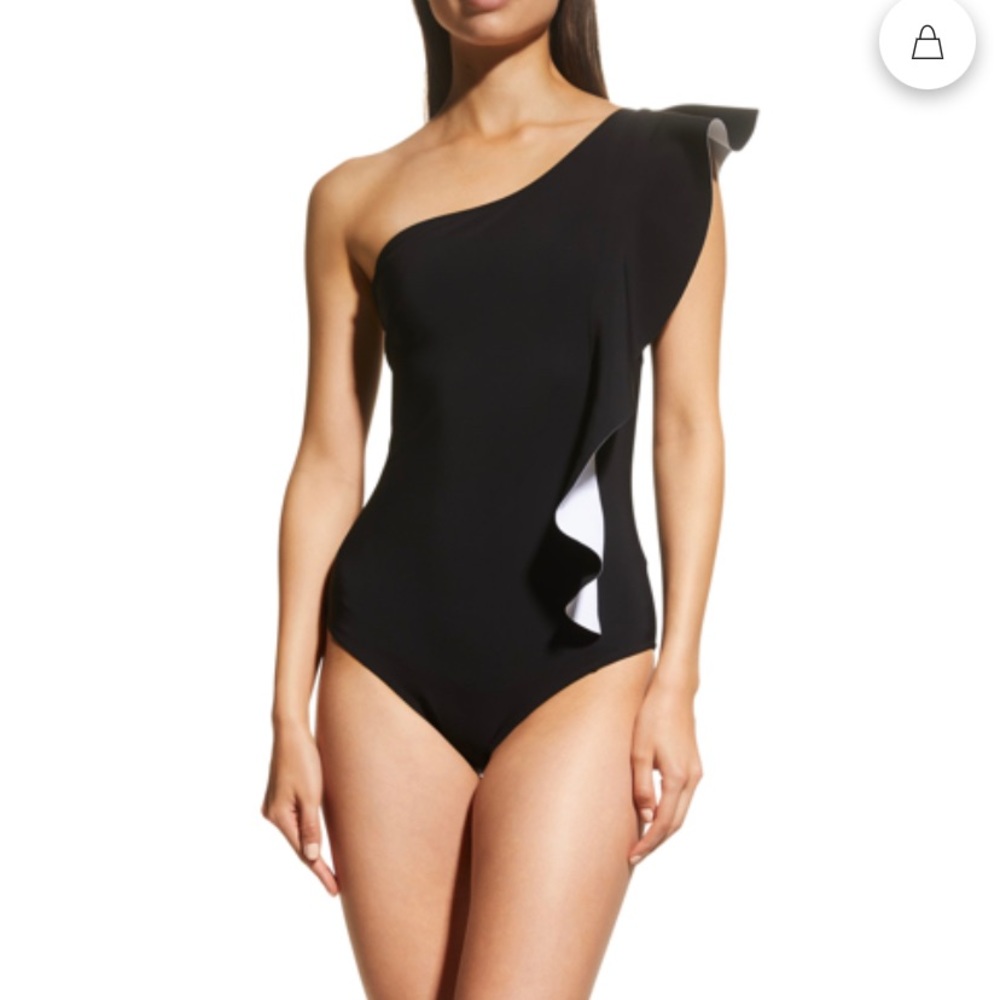 NWT CHIARA BONI LA PETITE ROBE Didi Ruffle One-piece Swimsuit In Black White